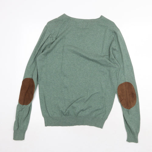 Celopman Mens Green Round Neck Acrylic Pullover Jumper Size M Long Sleeve - Elbow Patches
