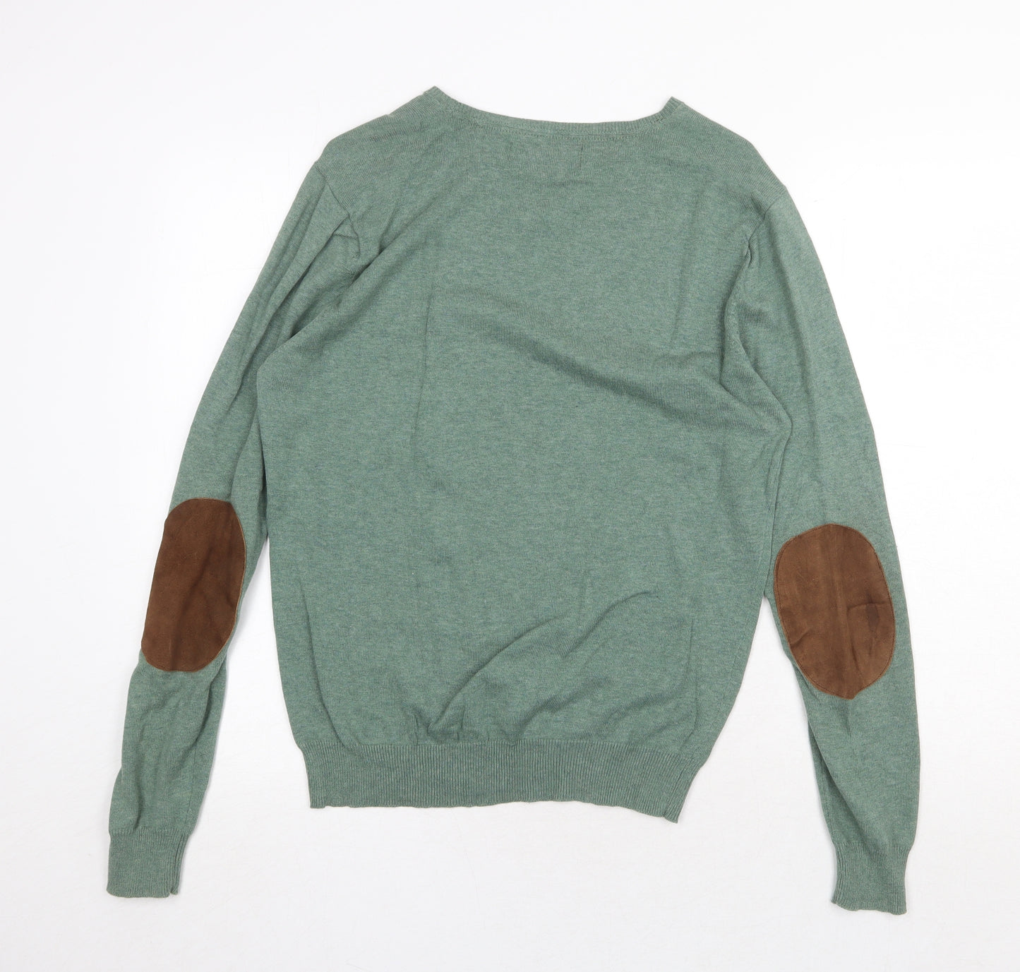 Celopman Mens Green Round Neck Acrylic Pullover Jumper Size M Long Sleeve - Elbow Patches