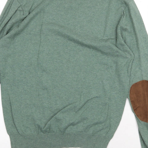 Celopman Mens Green Round Neck Acrylic Pullover Jumper Size M Long Sleeve - Elbow Patches