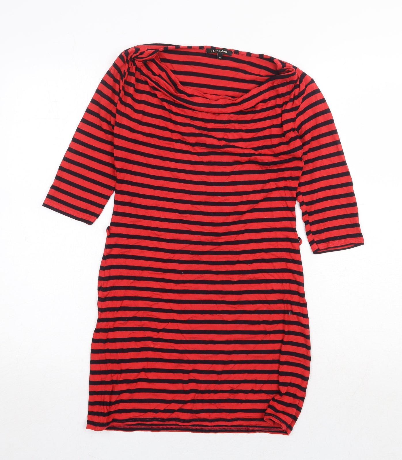 River Island Womens Red Striped Viscose Basic T-Shirt Size 10 Cowl Neck