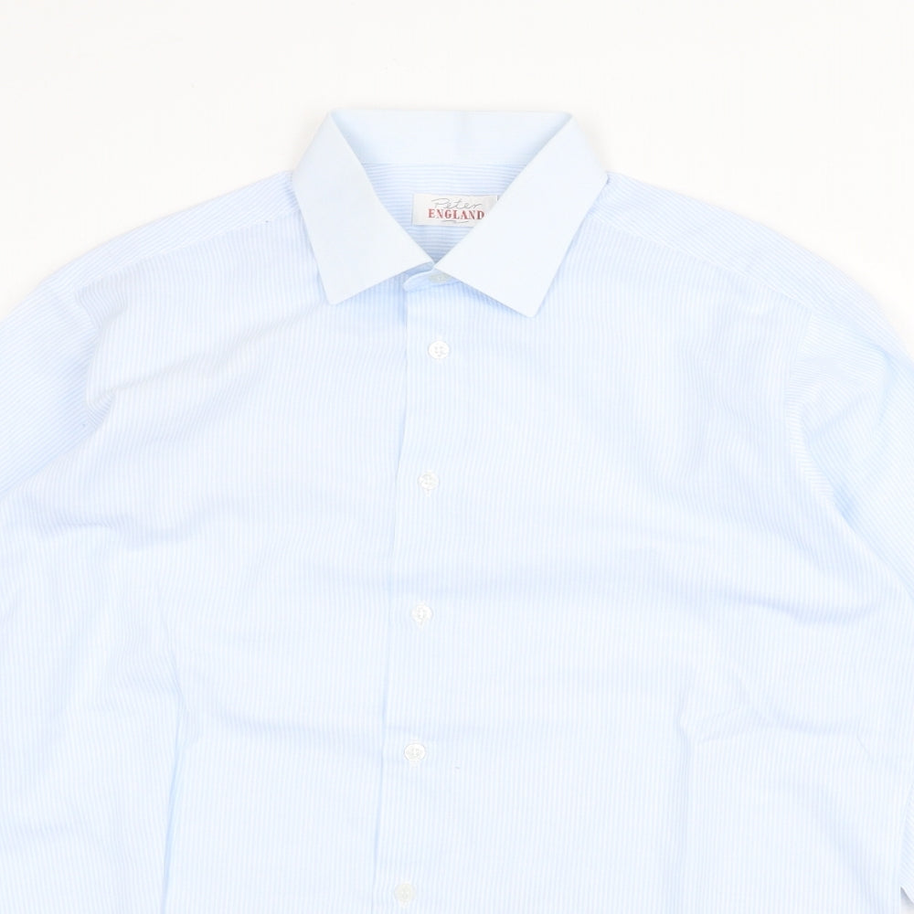 Peter England Mens Blue Viscose Dress Shirt Size L Collared Button