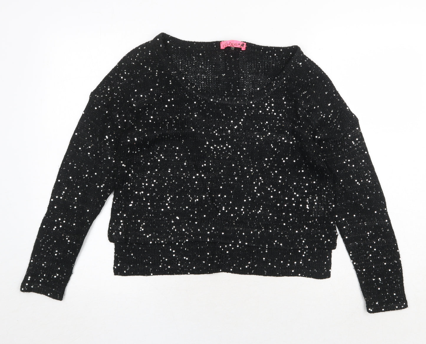 Ribbon Womens Black Round Neck Polyester Pullover Jumper Size 12