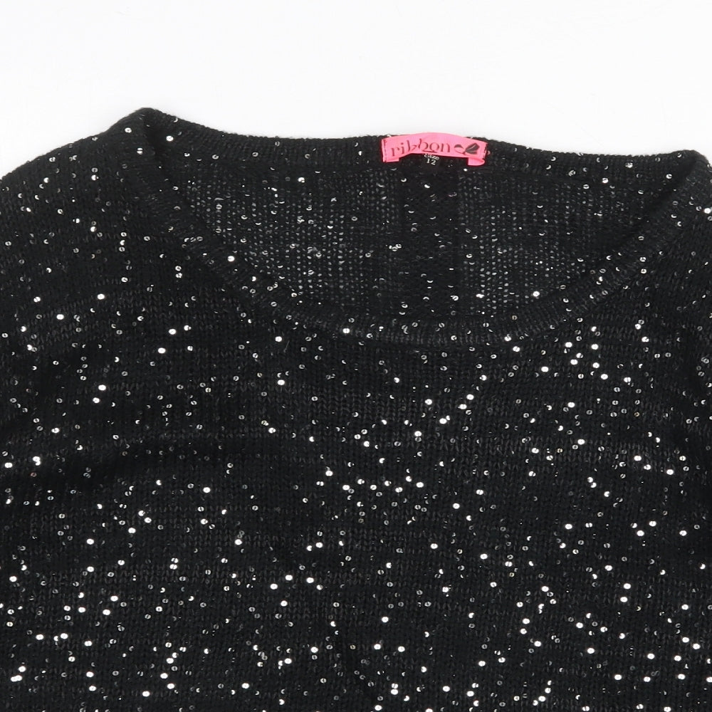 Ribbon Womens Black Round Neck Polyester Pullover Jumper Size 12