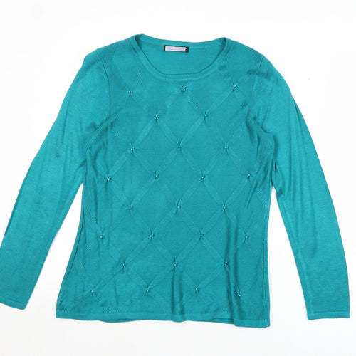 Bonmarché Womens Blue Round Neck Argyle/Diamond Acrylic Pullover Jumper Size XS