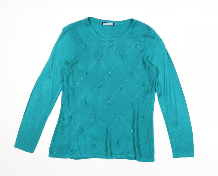 Bonmarché Womens Blue Round Neck Argyle/Diamond Acrylic Pullover Jumper Size XS