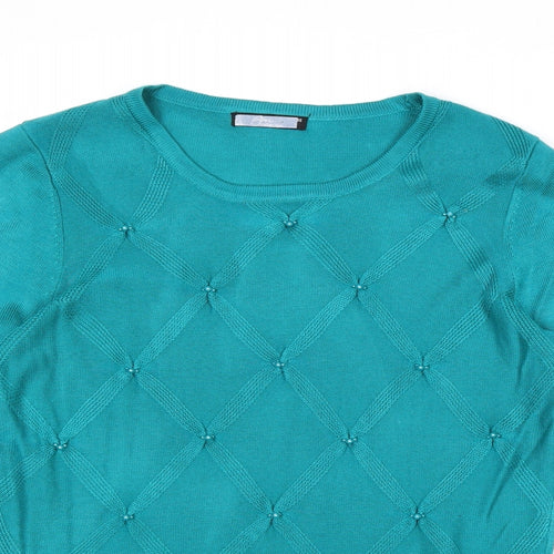 Bonmarché Womens Blue Round Neck Argyle/Diamond Acrylic Pullover Jumper Size XS