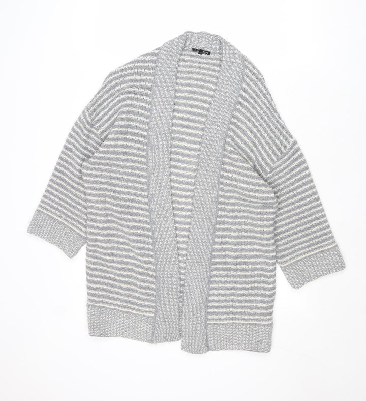 Warehouse Womens Grey V-Neck Striped Acrylic Cardigan Jumper Size S