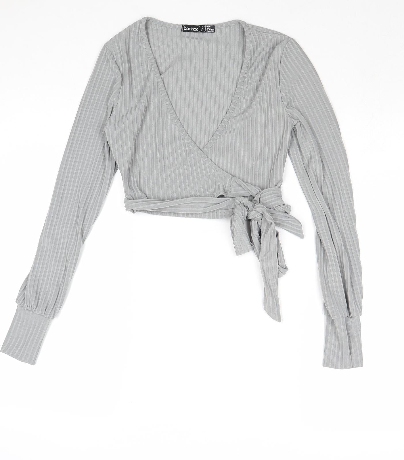Boohoo Womens Grey Striped Polyester Wrap T-Shirt Size 6 V-Neck