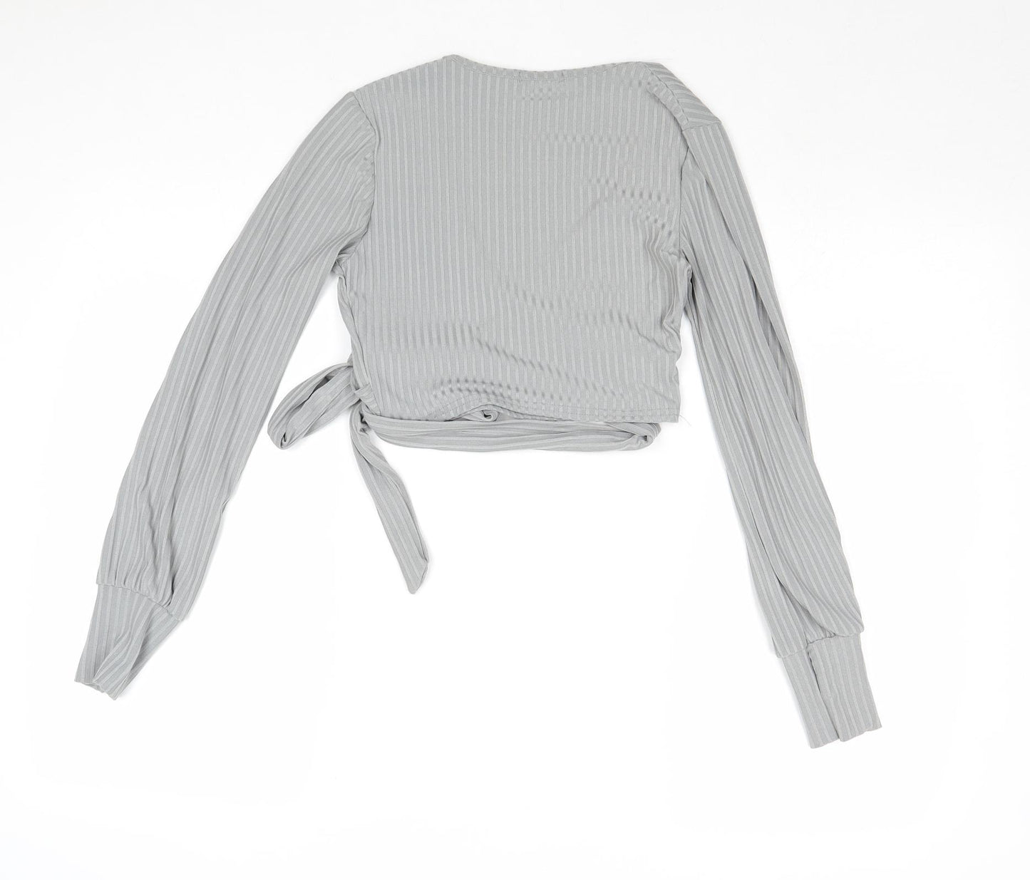 Boohoo Womens Grey Striped Polyester Wrap T-Shirt Size 6 V-Neck