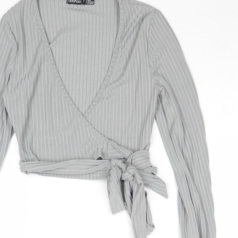 Boohoo Womens Grey Striped Polyester Wrap T-Shirt Size 6 V-Neck