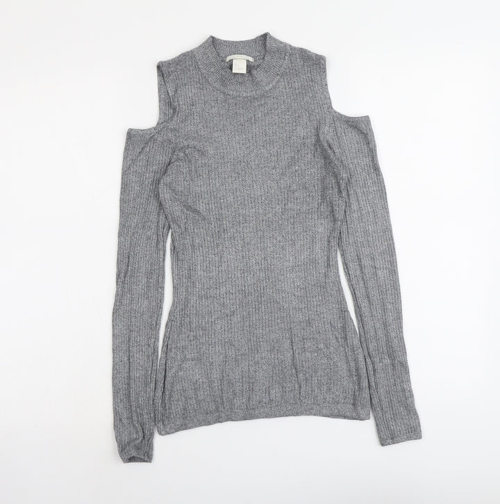 H&M Womens Grey Round Neck Viscose Pullover Jumper Size S - Cold Shoulder