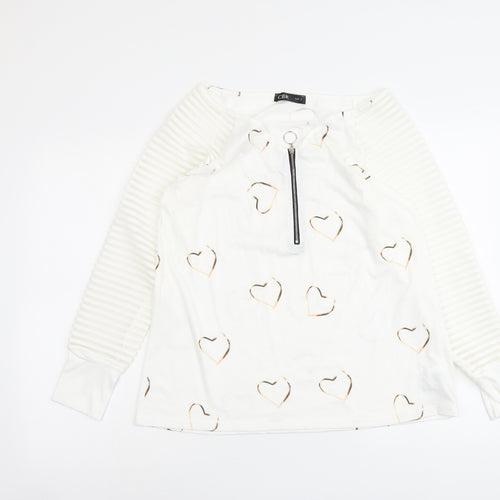 CBR Womens White Geometric Cotton Basic Blouse Size S V-Neck - Heart Detail