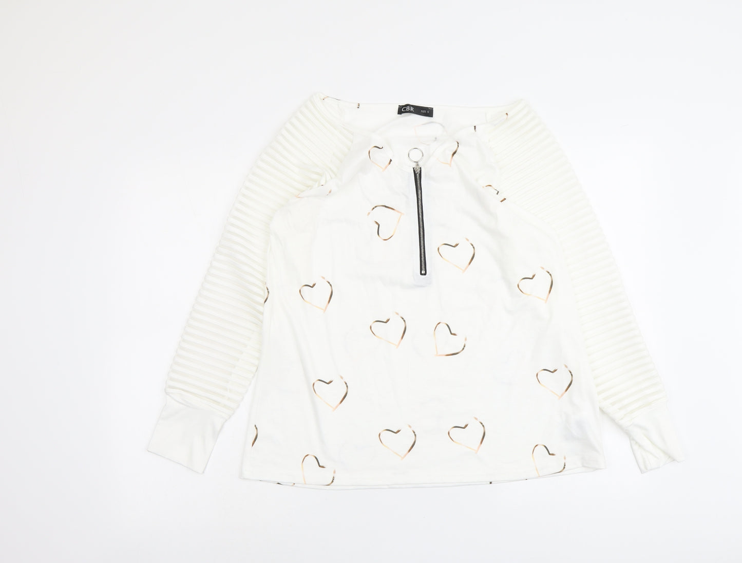 CBR Womens White Geometric Cotton Basic Blouse Size S V-Neck - Heart Detail