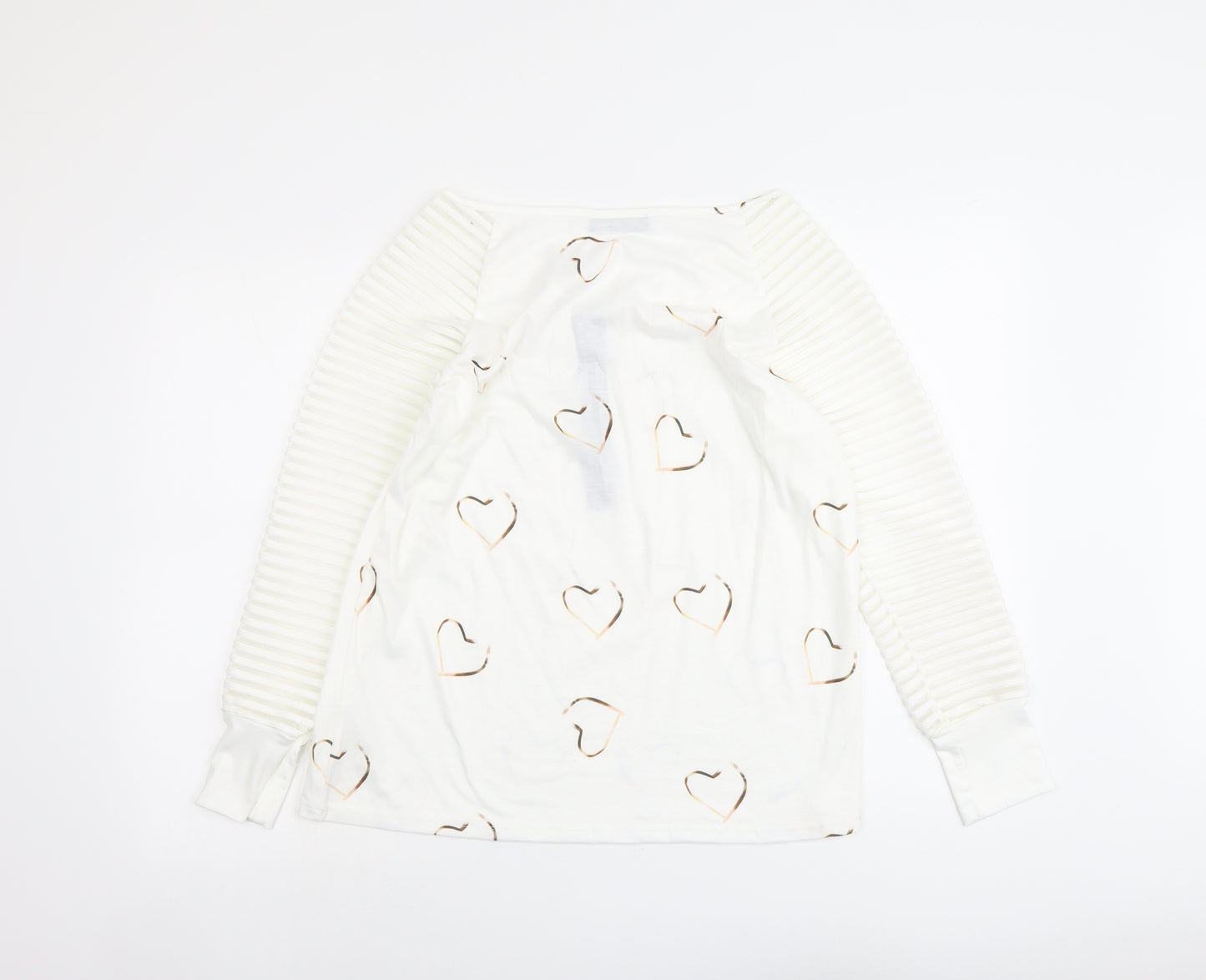 CBR Womens White Geometric Cotton Basic Blouse Size S V-Neck - Heart Detail