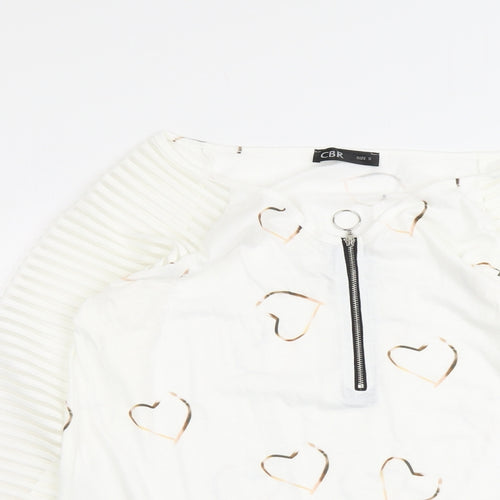 CBR Womens White Geometric Cotton Basic Blouse Size S V-Neck - Heart Detail