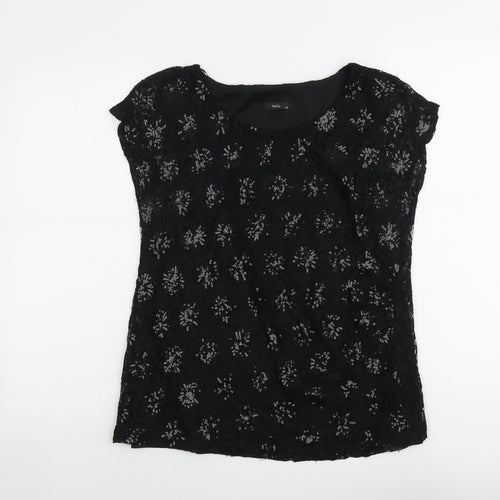 M&Co Womens Black Geometric Nylon Basic Blouse Size 12 Round Neck