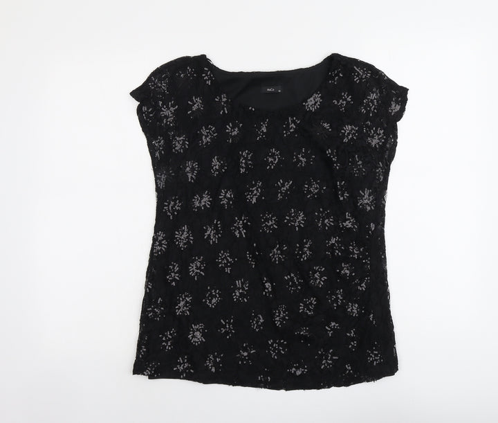 M&Co Womens Black Geometric Nylon Basic Blouse Size 12 Round Neck