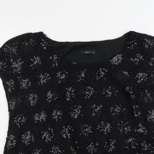 M&Co Womens Black Geometric Nylon Basic Blouse Size 12 Round Neck