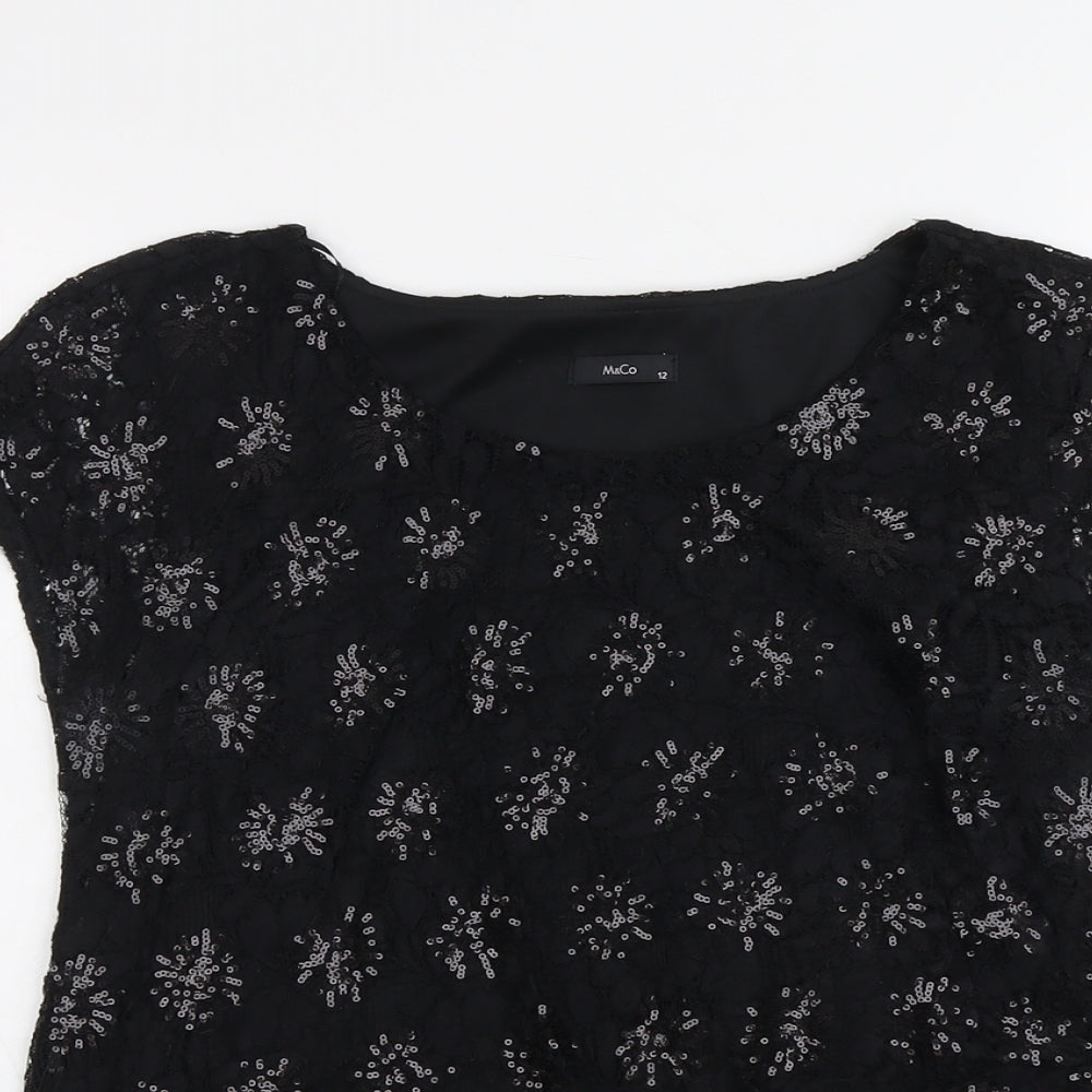 M&Co Womens Black Geometric Nylon Basic Blouse Size 12 Round Neck