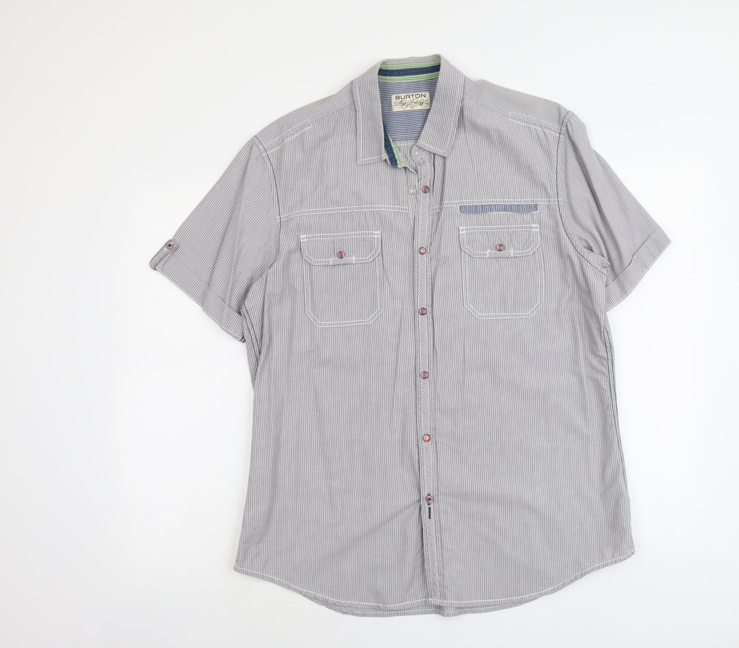 Burton Mens Grey Striped Cotton Button-Up Size L Collared Button