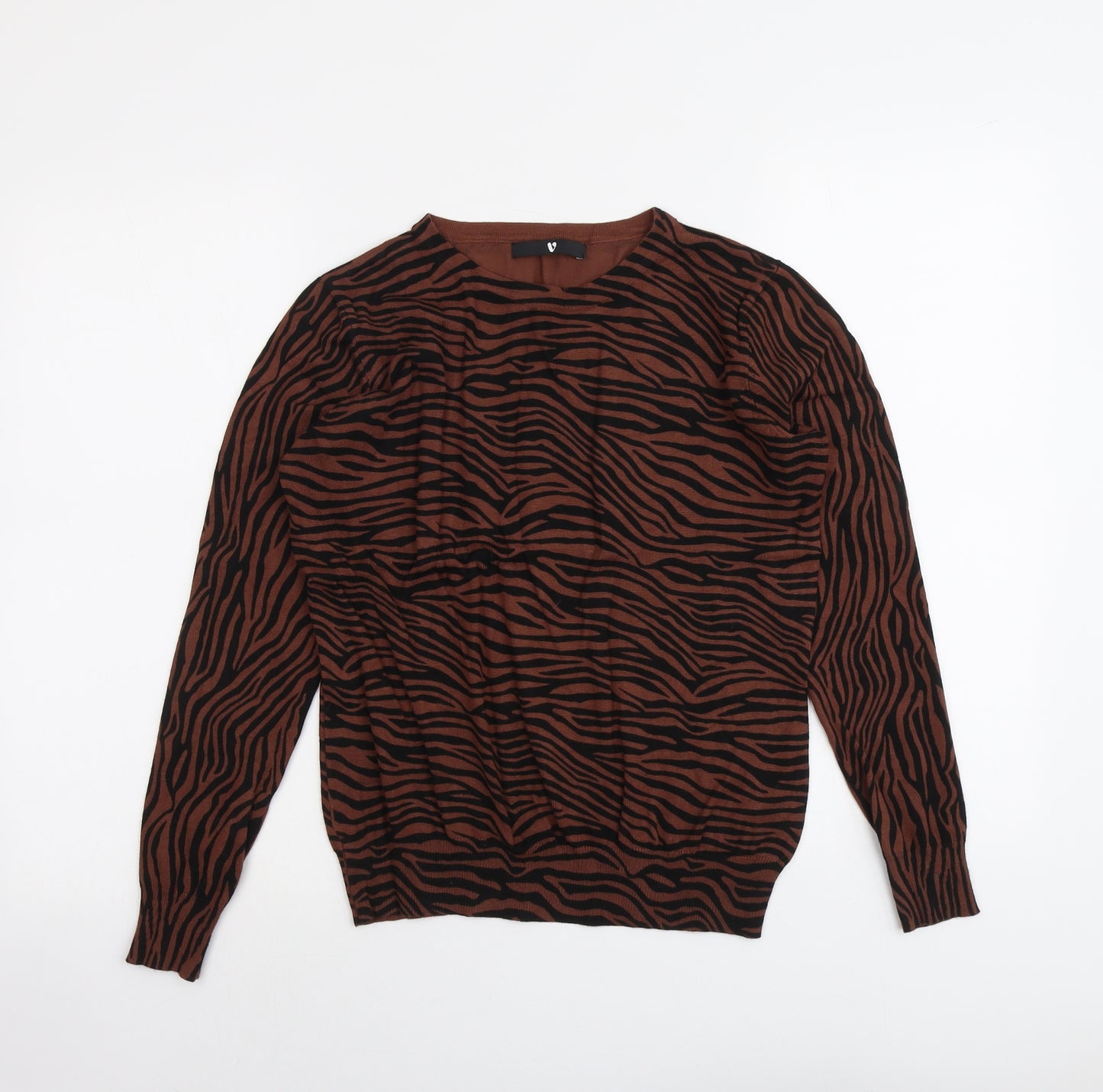 V By Very Womens Brown Round Neck Animal Print Viscose Pullover Jumper Size 14 - Tiger Print