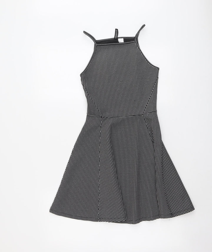 H&M Womens Black Geometric Polyester Fit & Flare Size 8 Square Neck Pullover