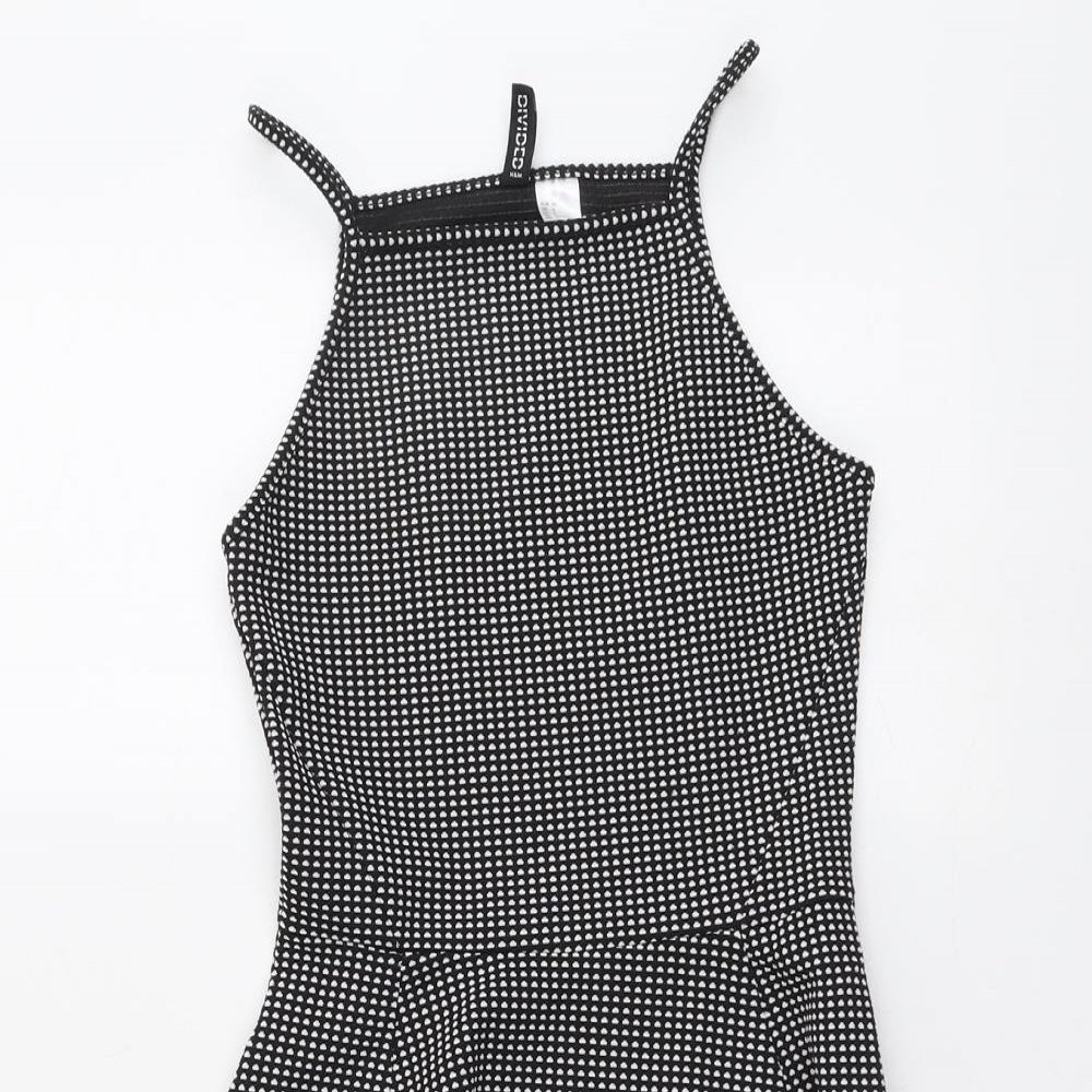 H&M Womens Black Geometric Polyester Fit & Flare Size 8 Square Neck Pullover