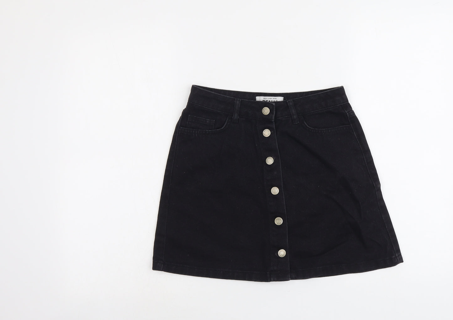 New Look Womens Black Cotton A-Line Skirt Size 8 Button