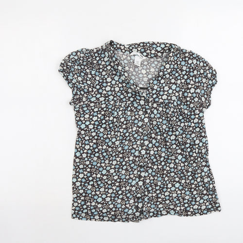 H&M Womens Blue Floral Cotton Basic Button-Up Size M V-Neck