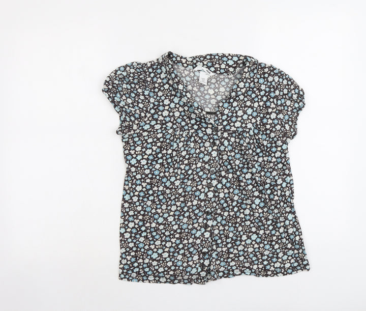 H&M Womens Blue Floral Cotton Basic Button-Up Size M V-Neck