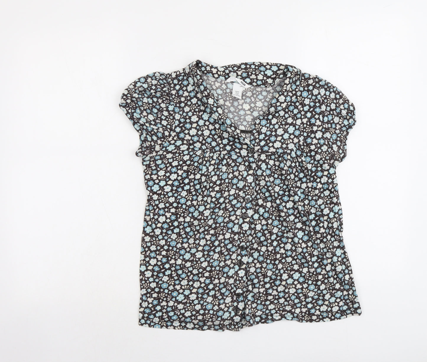 H&M Womens Blue Floral Cotton Basic Button-Up Size M V-Neck