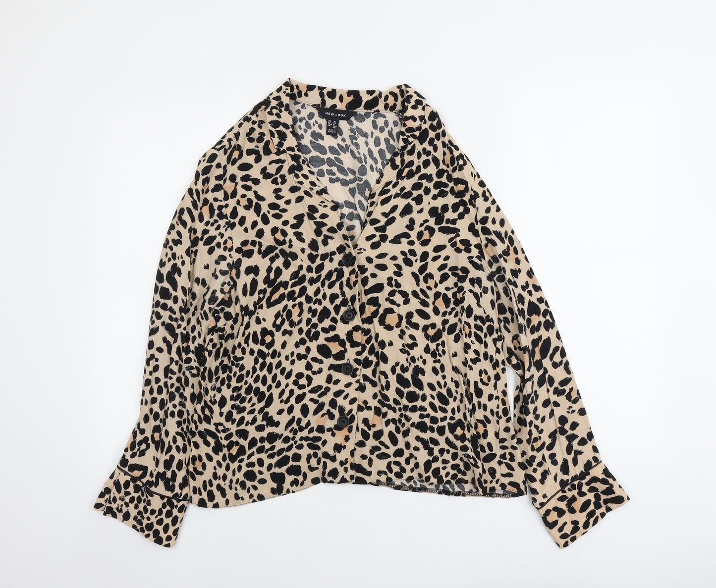 New Look Womens Beige Animal Print Polyester Basic Button-Up Size 10 Collared - Leopard Pattern