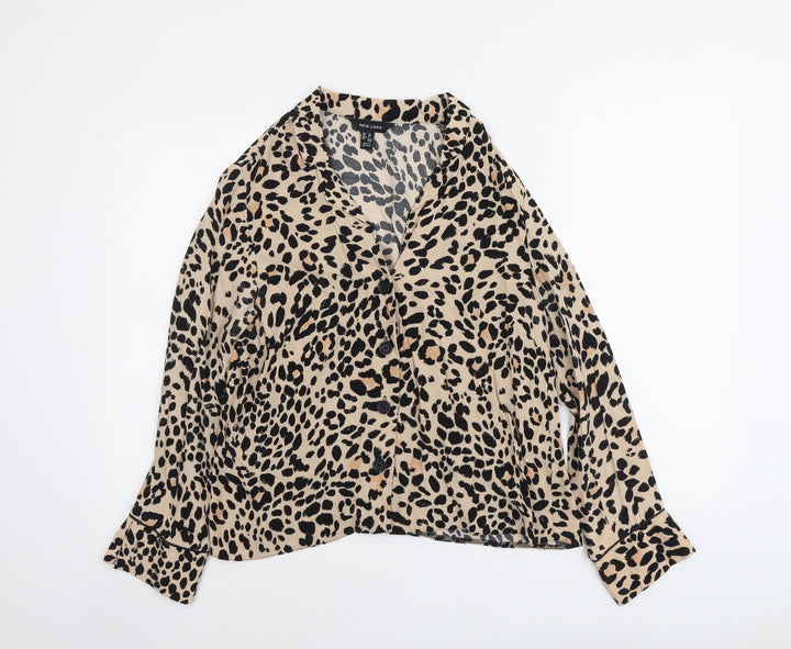 New Look Womens Beige Animal Print Polyester Basic Button-Up Size 10 Collared - Leopard Pattern