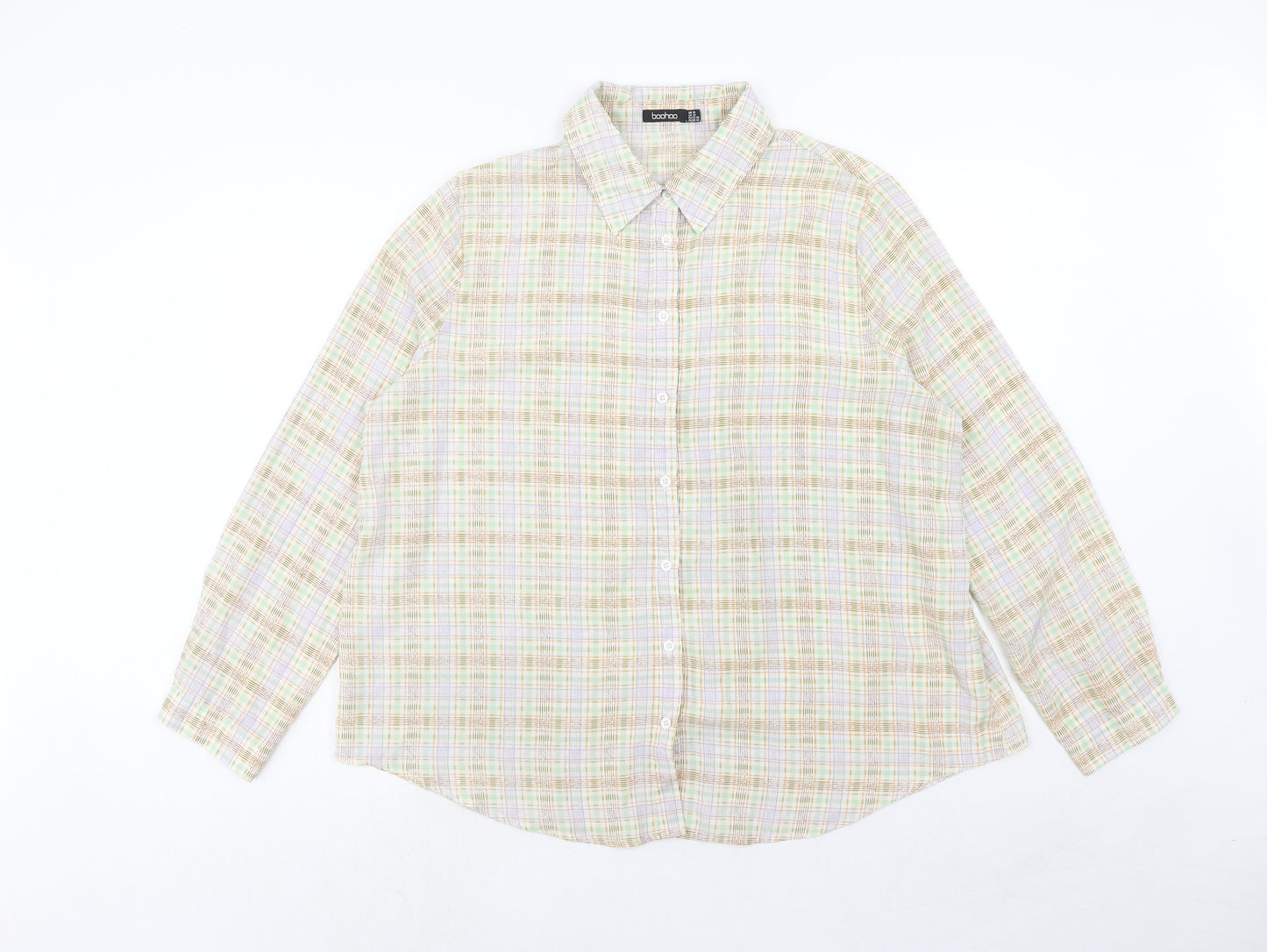 Boohoo Womens Multicoloured Plaid Polyester Basic Button-Up Size 16 Collared