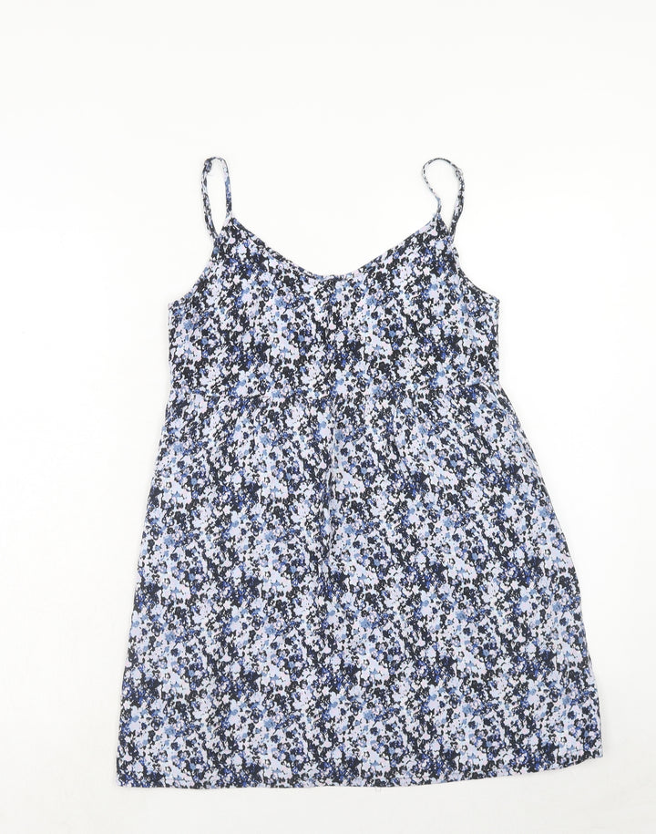 H&M Womens Blue Geometric Viscose Tank Dress Size 8 V-Neck Pullover