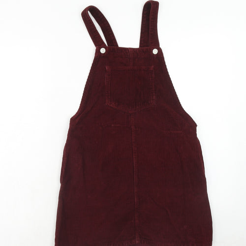 Topshop Womens Red Cotton Pinafore/Dungaree Dress Size 6 Square Neck Button