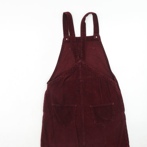 Topshop Womens Red Cotton Pinafore/Dungaree Dress Size 6 Square Neck Button