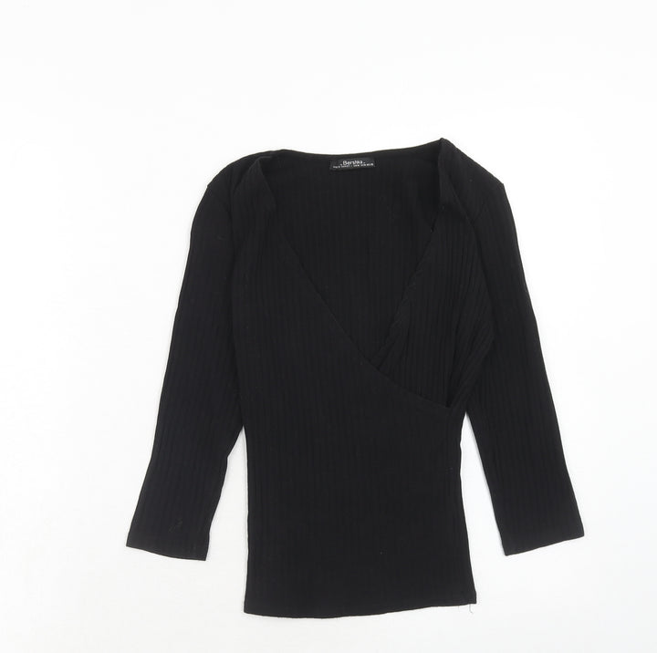 Bershka Womens Black Cotton Basic T-Shirt Size M V-Neck