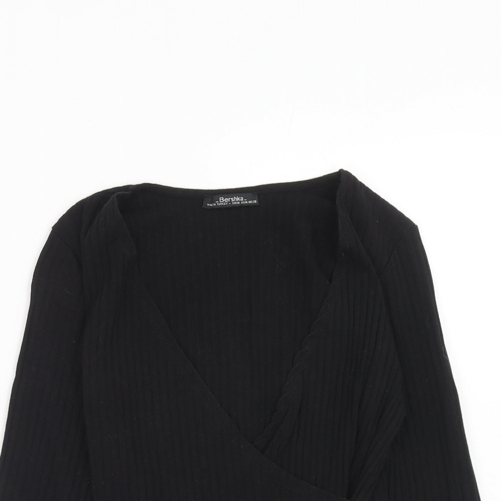 Bershka Womens Black Cotton Basic T-Shirt Size M V-Neck