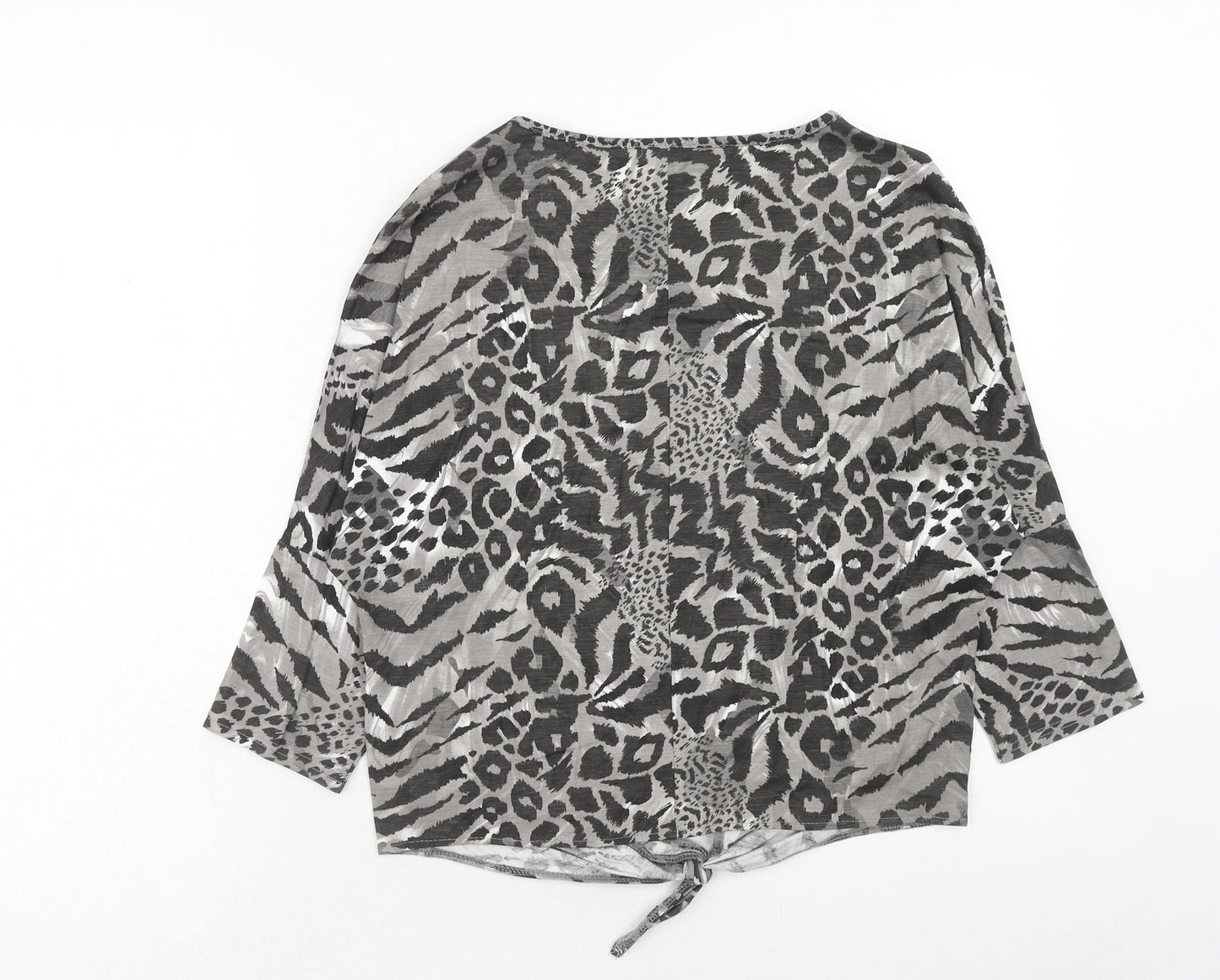 BHS Girls Grey Animal Print Viscose Basic T-Shirt Size 16 Years Round Neck Pullover - Knot Front