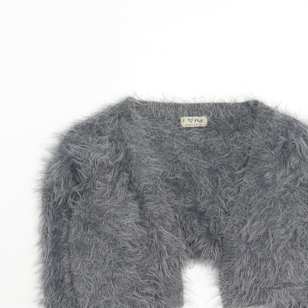 NEXT Girls Grey V-Neck Nylon Cardigan Jumper Size 8 Years Pullover - Fluffy