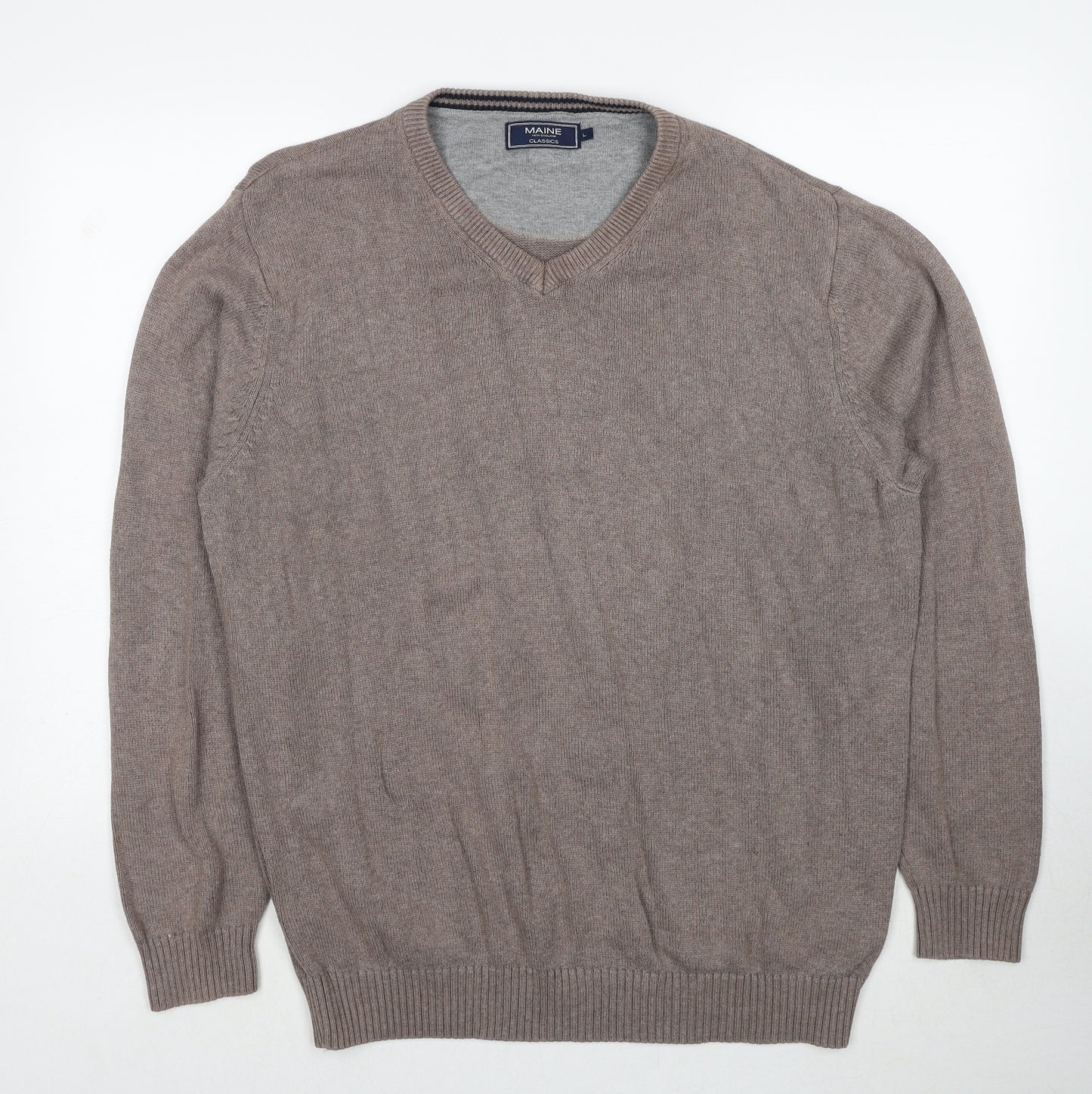 Maine Mens Beige V-Neck Cotton Pullover Jumper Size L Long Sleeve