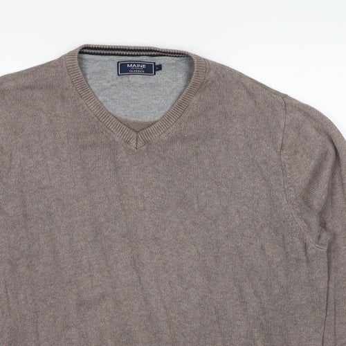 Maine Mens Beige V-Neck Cotton Pullover Jumper Size L Long Sleeve
