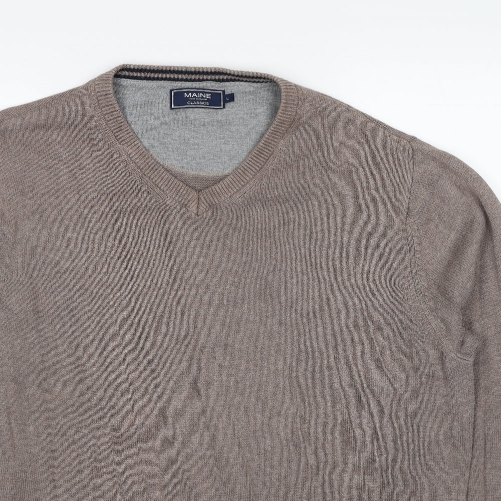 Maine Mens Beige V-Neck Cotton Pullover Jumper Size L Long Sleeve
