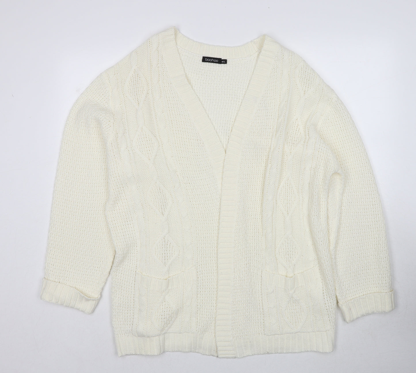 Boohoo Womens White V-Neck Acrylic Cardigan Jumper Size M - Size M/L