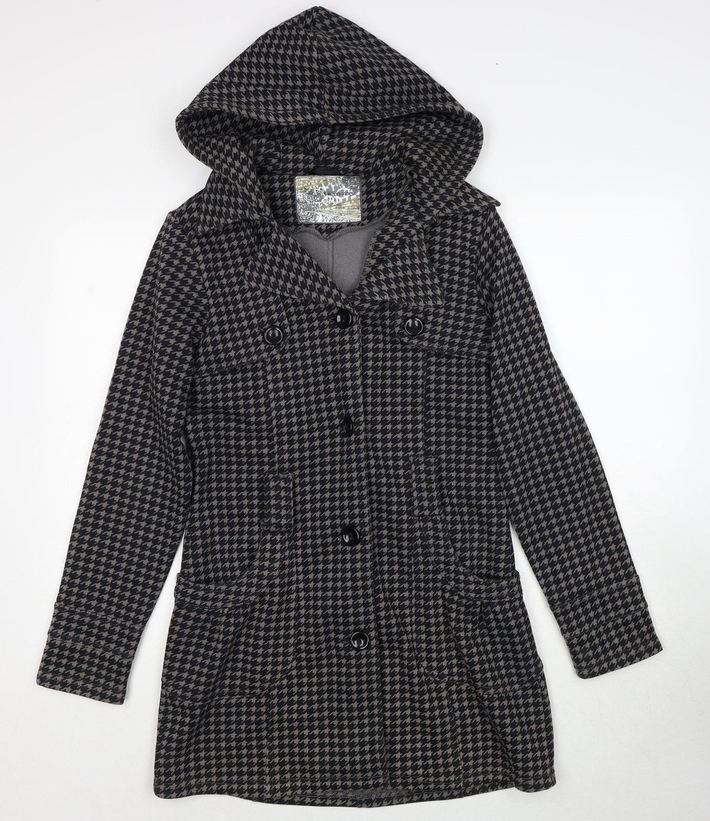 Tammy Girls Black Geometric Pea Coat Coat Size 14-15 Years Button
