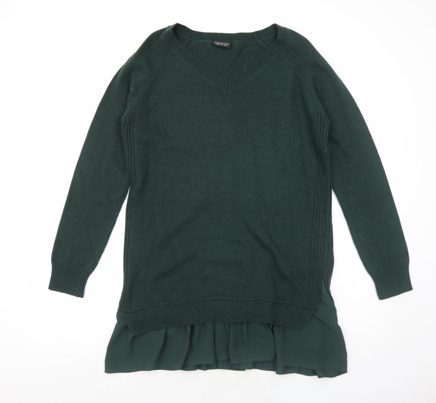 Topshop Womens Green Nylon Jumper Dress Size 12 V-Neck Pullover
