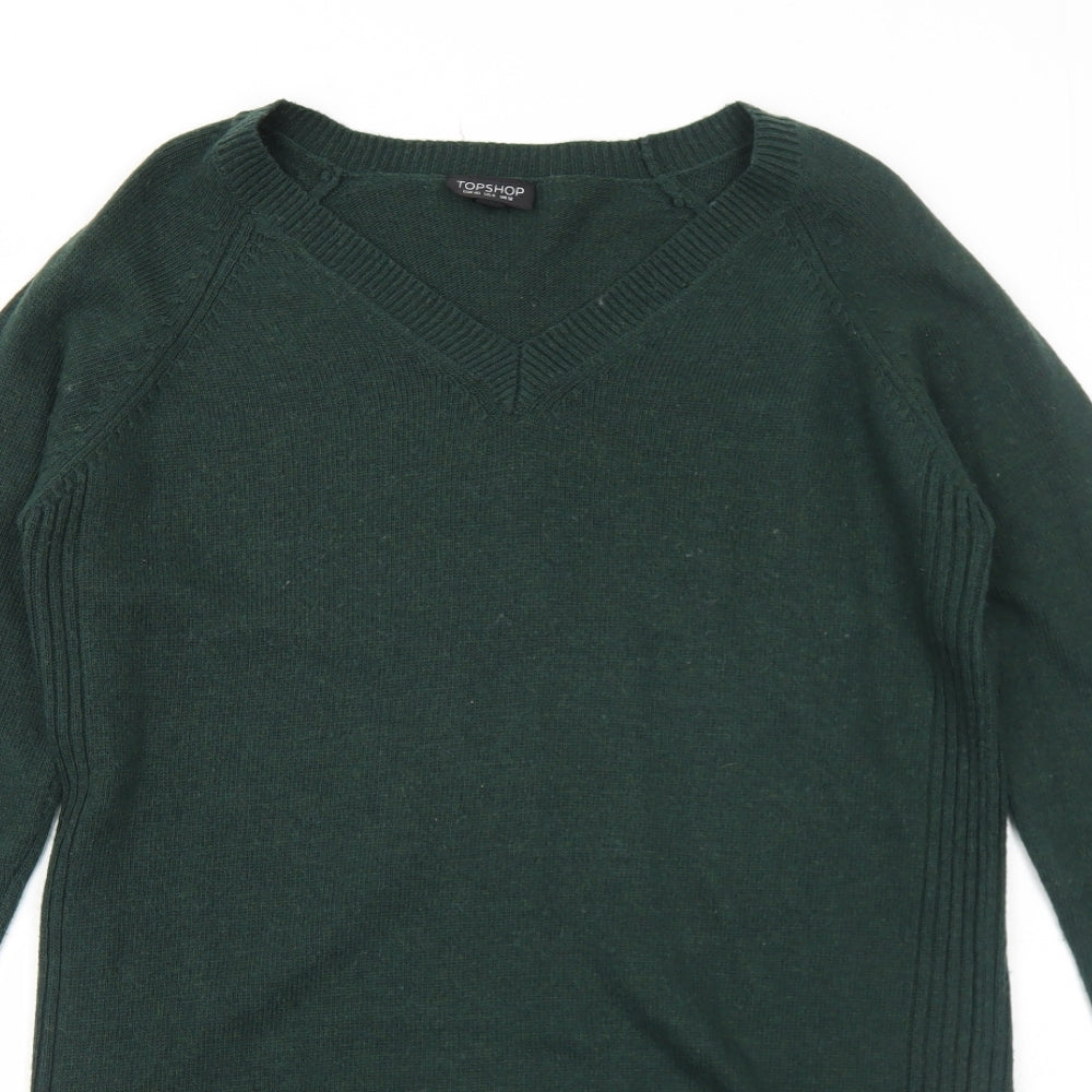 Topshop Womens Green Nylon Jumper Dress Size 12 V-Neck Pullover