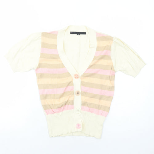 Pink Soda Womens Ivory V-Neck Striped Cotton Cardigan Jumper Size 10