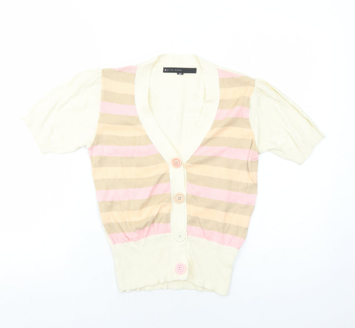 Pink Soda Womens Ivory V-Neck Striped Cotton Cardigan Jumper Size 10